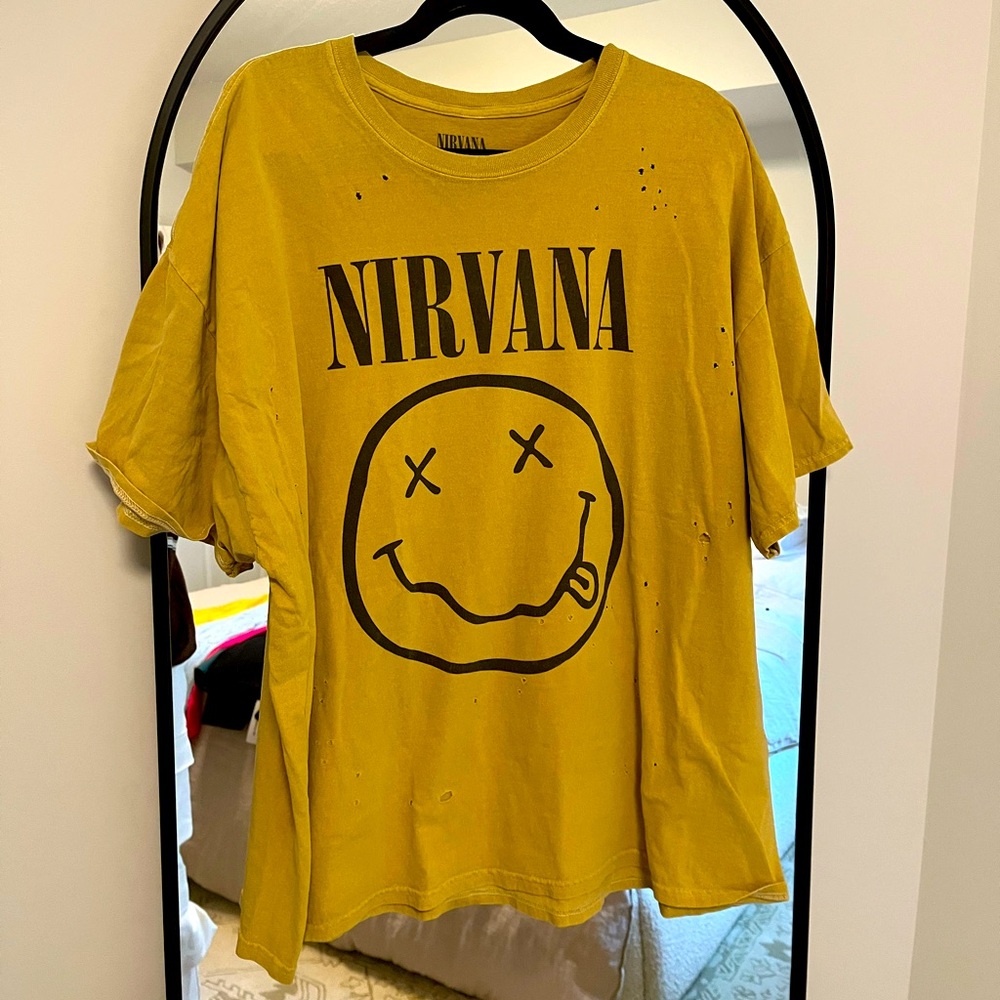 Nirvana Distressed T-Shirt Dress Urban Outfitters Yellow Smiley Face Tee